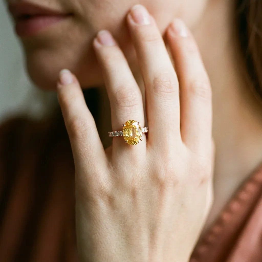 Rose gold Oval Cut Yellow Sapphire Solitaire Ring with Round  Pavé Band and Four-Prong Setting_80
