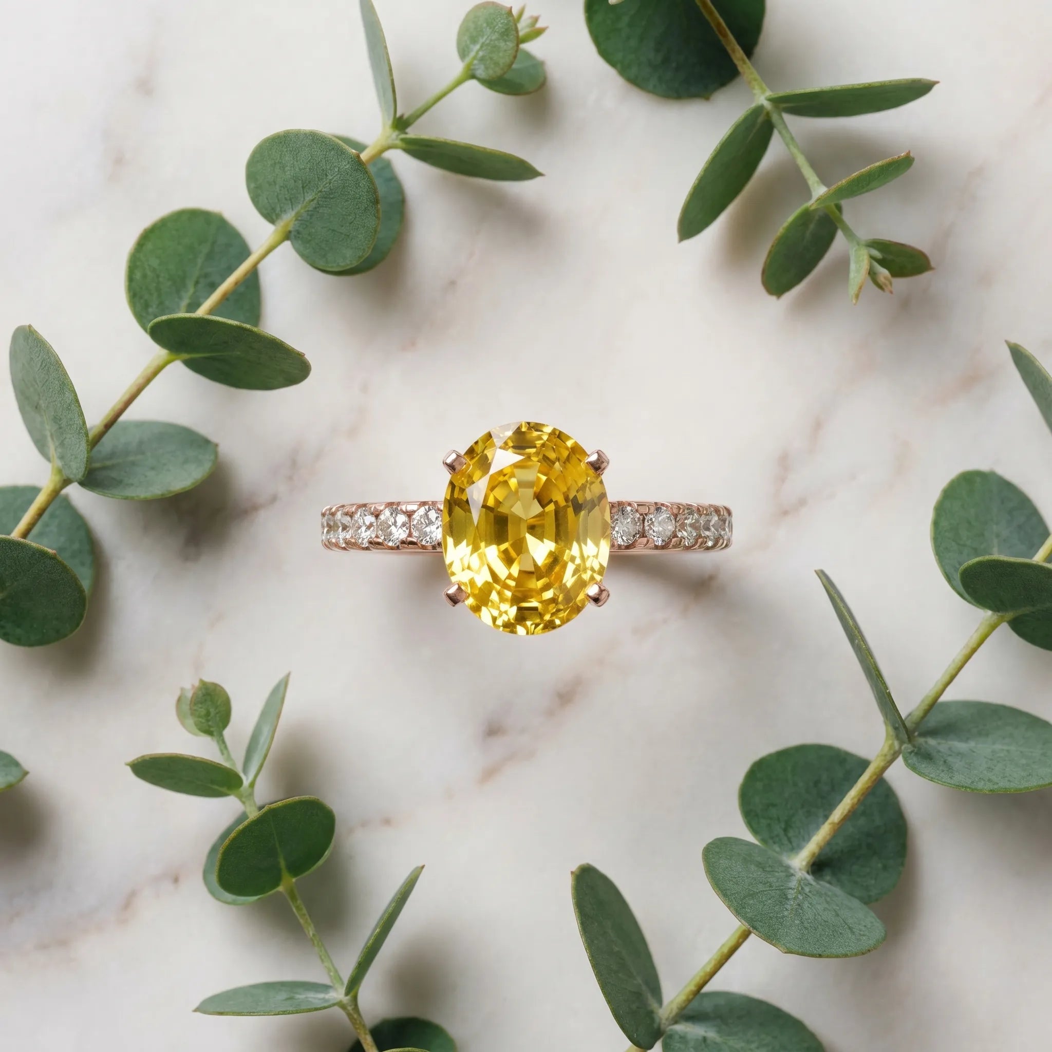 Rose gold Oval Cut Yellow Sapphire Solitaire Ring with Round  Pavé Band and Four-Prong Setting_81