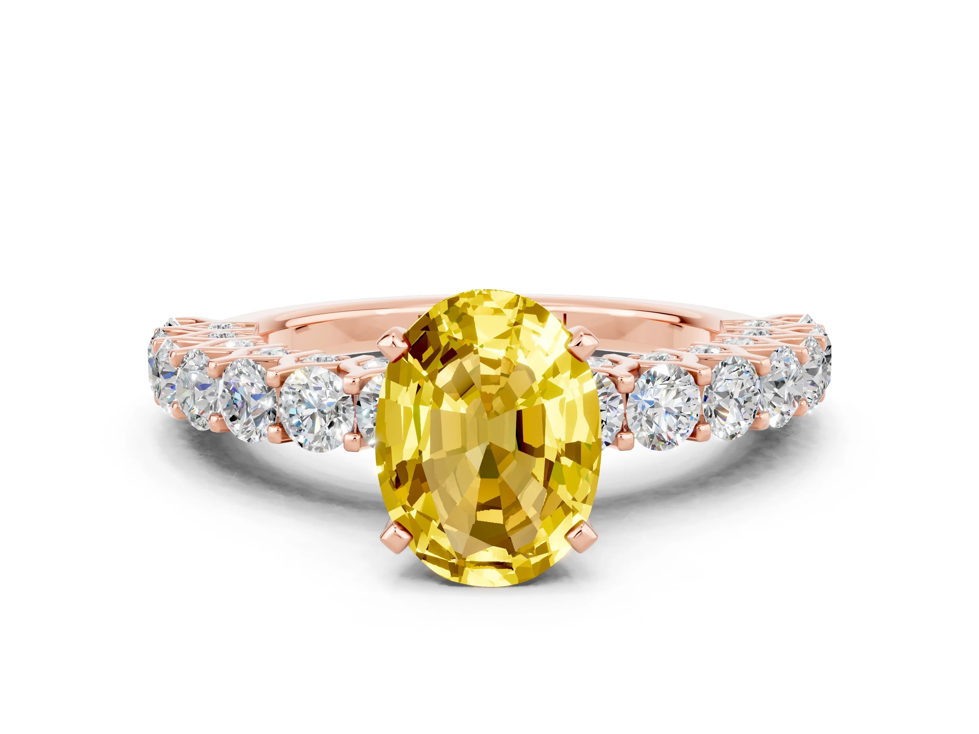Rose gold Oval Cut Yellow Sapphire Solitaire Ring with Shared Prong Pavé Band and Four-Prong Setting