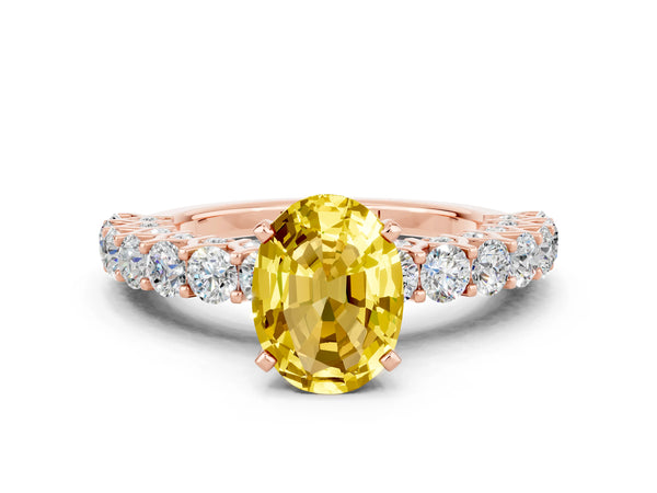 Rose gold Oval Cut Yellow Sapphire Solitaire Ring with Shared Prong Pavé Band and Four-Prong Setting