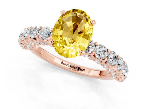 Rose gold Oval Cut Yellow Sapphire Solitaire Ring with Shared Prong Pavé Band and Four-Prong Setting_1