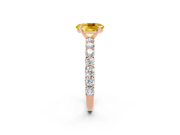 Rose gold Oval Cut Yellow Sapphire Solitaire Ring with Shared Prong Pavé Band and Four-Prong Setting