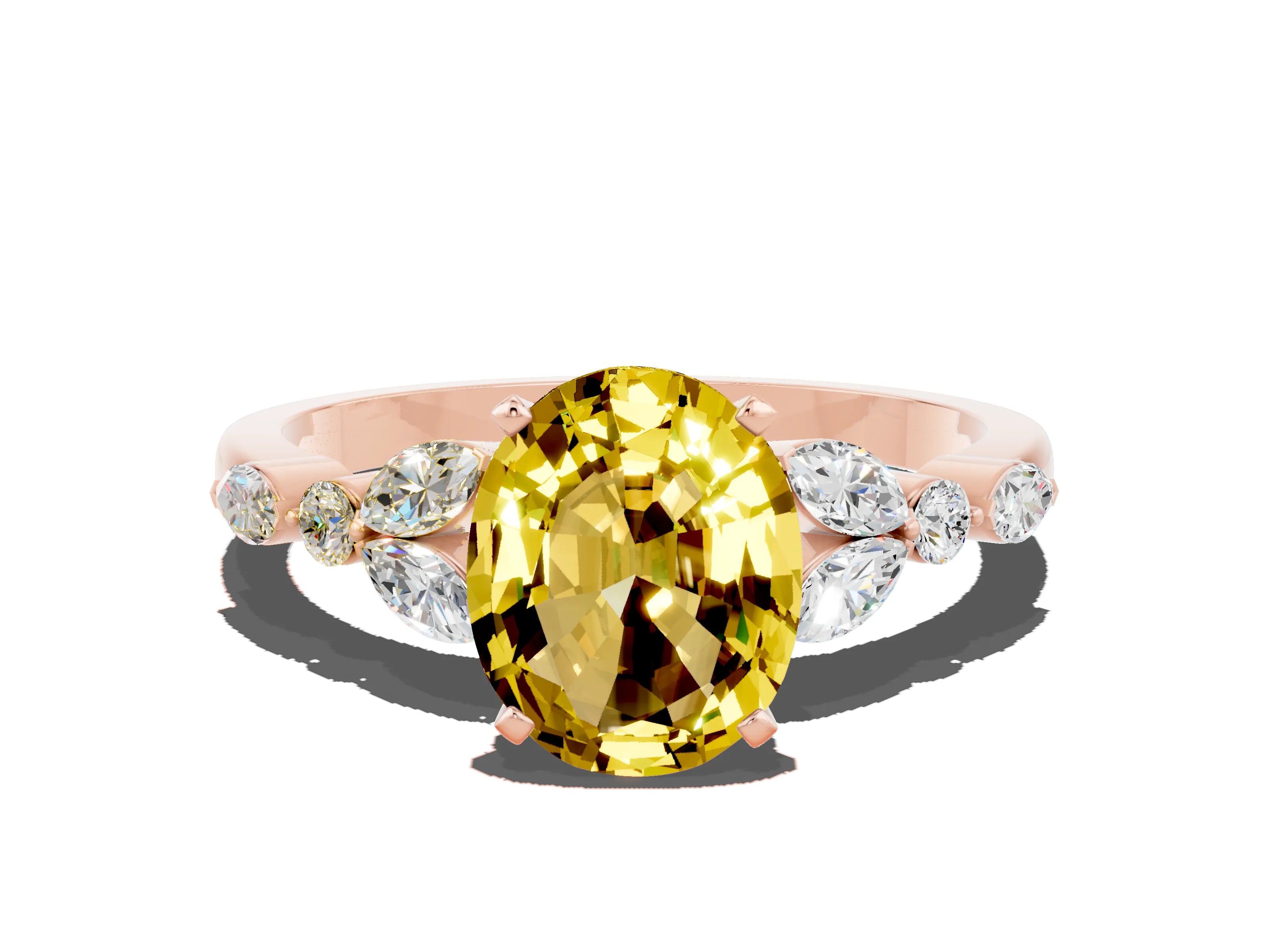 Rose gold Oval Cut Yellow Sapphire Solitaire Ring with Side Stones and Four-Prong Setting_12