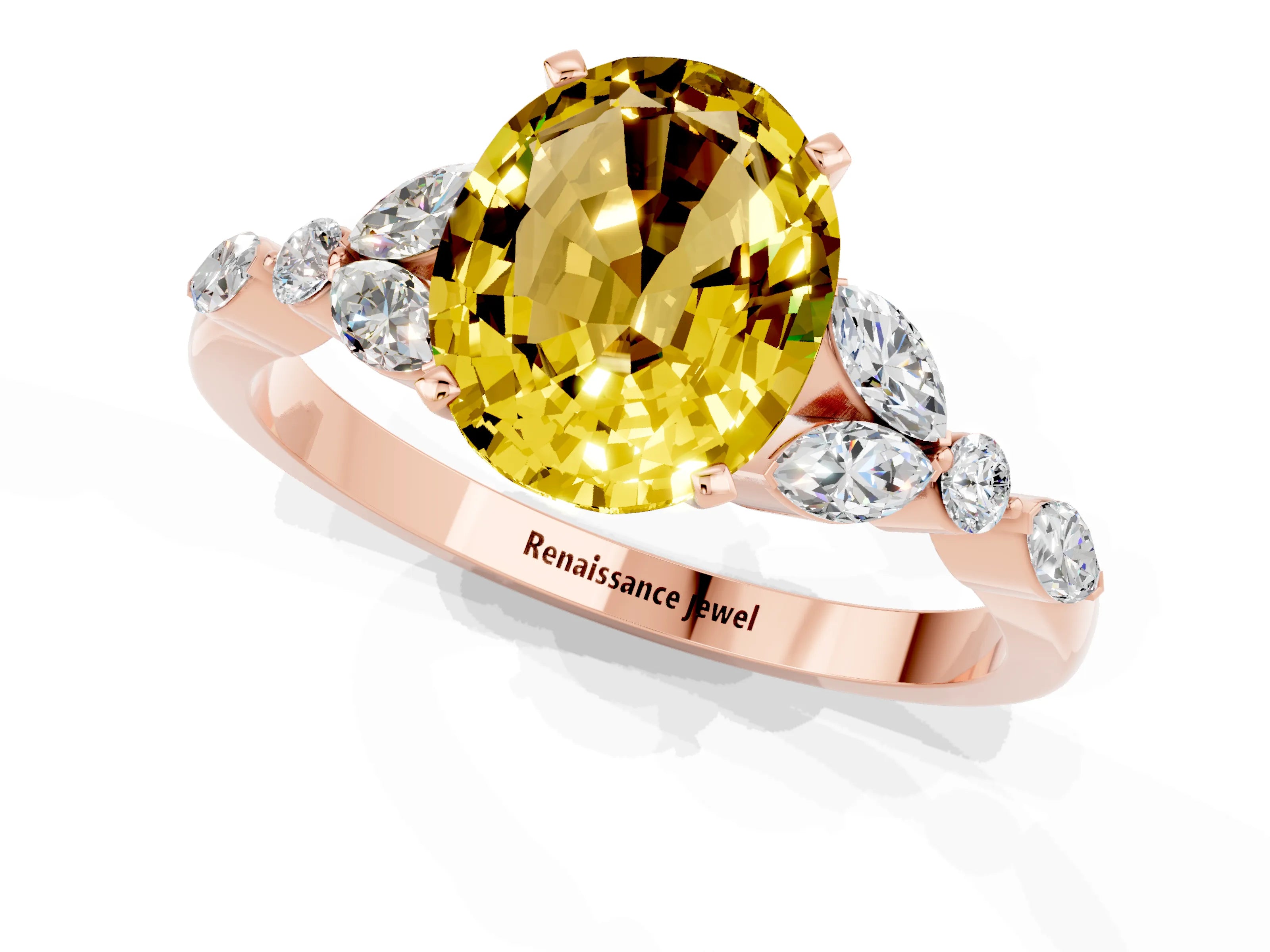 Rose gold Oval Cut Yellow Sapphire Solitaire Ring with Side Stones and Four-Prong Setting_13