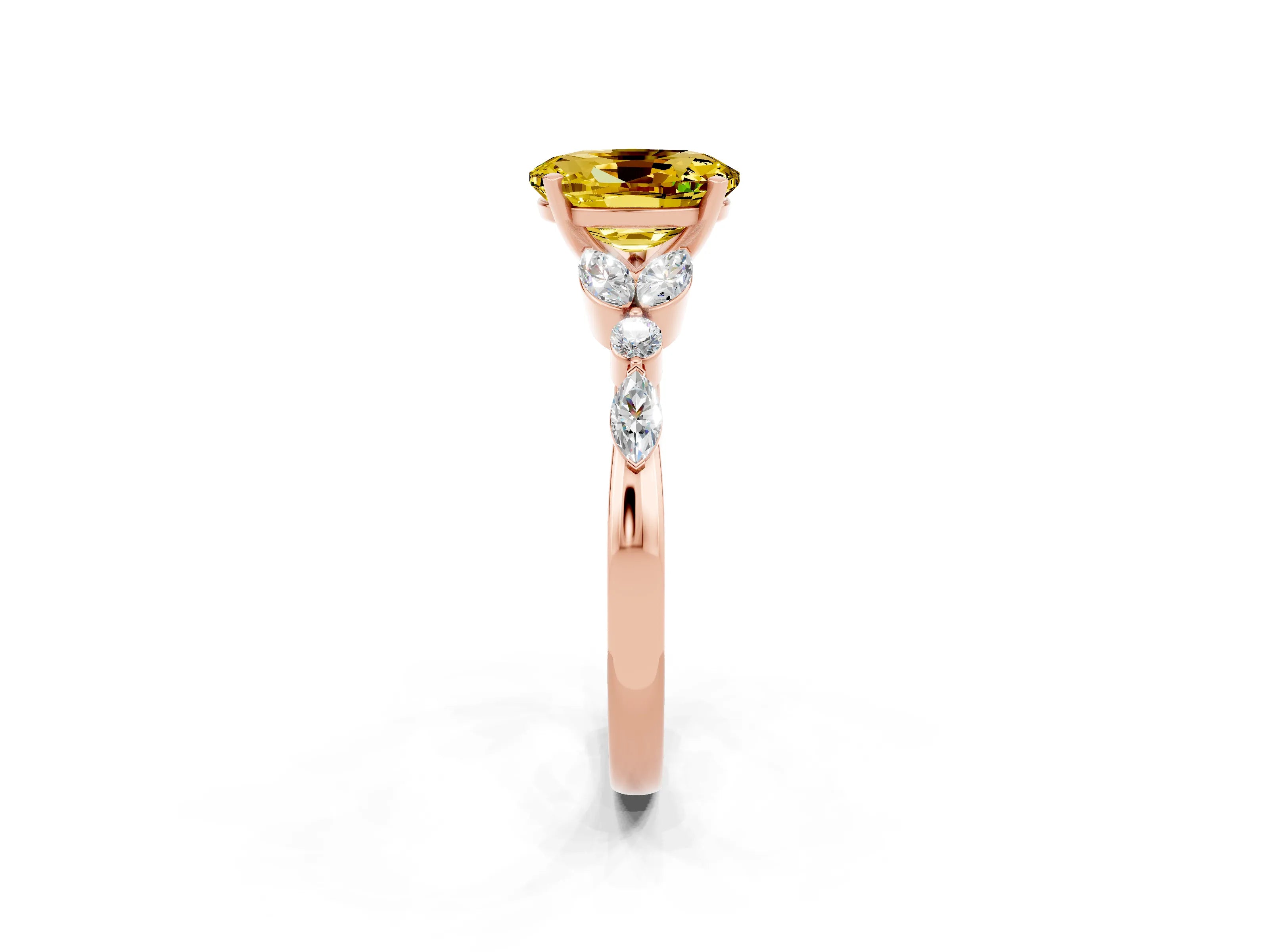 Rose gold Oval Cut Yellow Sapphire Solitaire Ring with Side Stones and Four-Prong Setting_14