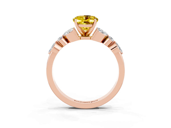 Rose gold Oval Cut Yellow Sapphire Solitaire Ring with Side Stones and Four-Prong Setting