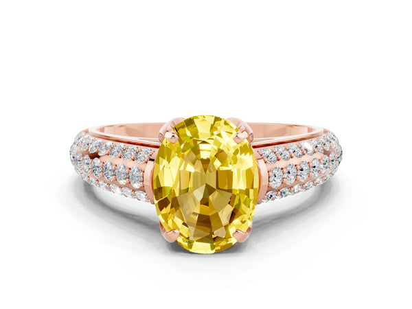 Rose gold Oval Cut Yellow Sapphire Solitaire Ring with Three-Row Pavé Band and Four-Prong Setting