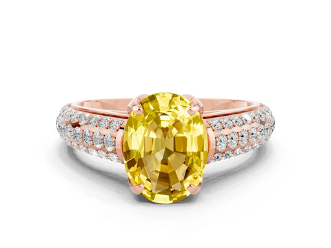 Rose gold Oval Cut Yellow Sapphire Solitaire Ring with Three-Row Pavé Band and Four-Prong Setting_12