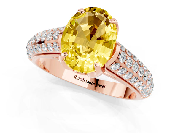 Rose gold Oval Cut Yellow Sapphire Solitaire Ring with Three-Row Pavé Band and Four-Prong Setting