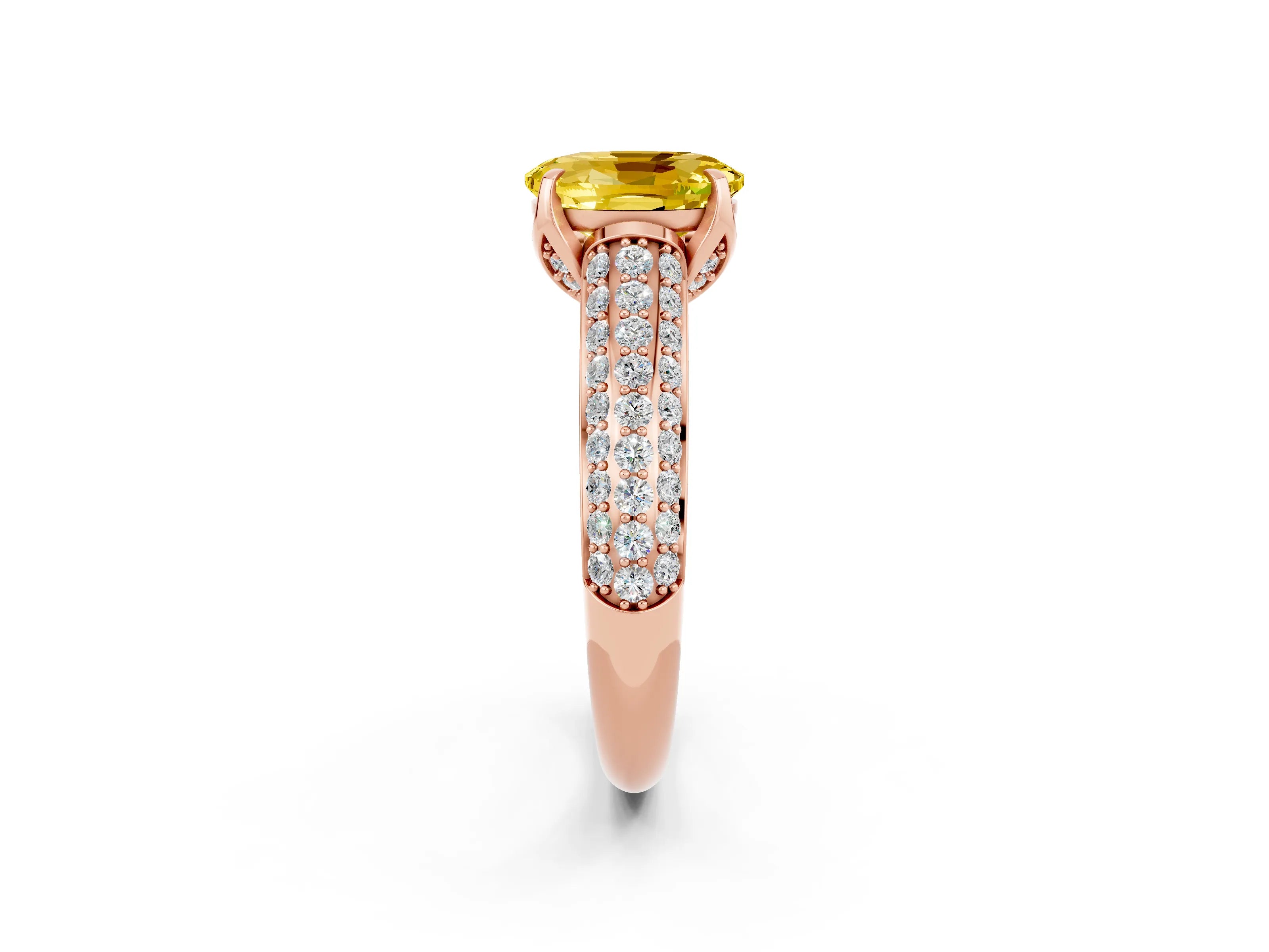 Rose gold Oval Cut Yellow Sapphire Solitaire Ring with Three-Row Pavé Band and Four-Prong Setting_14
