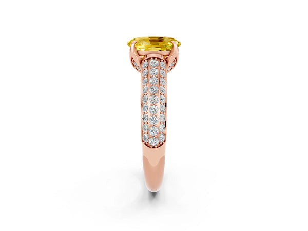 Rose gold Oval Cut Yellow Sapphire Solitaire Ring with Three-Row Pavé Band and Four-Prong Setting