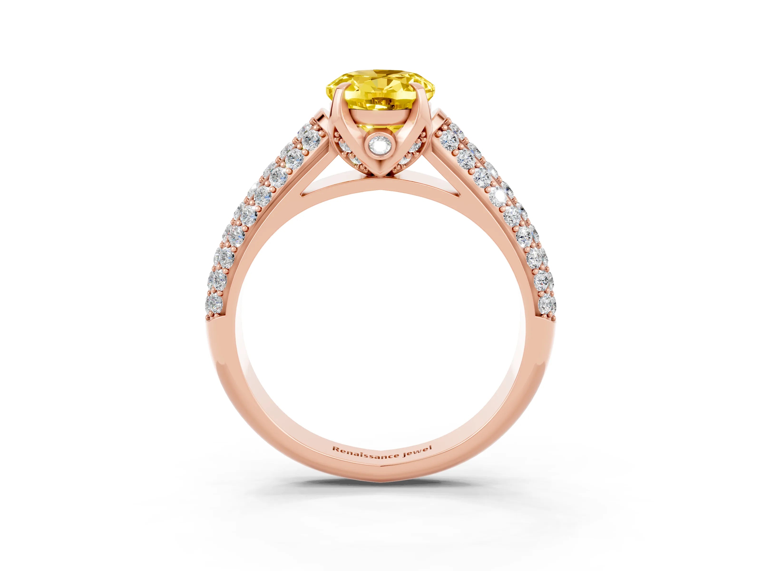 Rose gold Oval Cut Yellow Sapphire Solitaire Ring with Three-Row Pavé Band and Four-Prong Setting_15