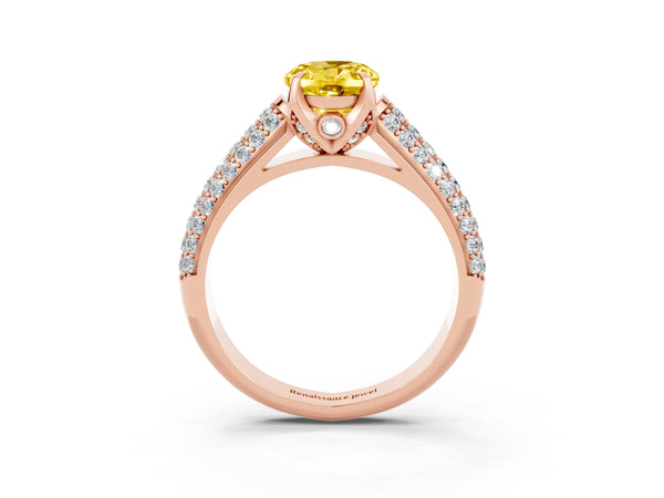 Rose gold Oval Cut Yellow Sapphire Solitaire Ring with Three-Row Pavé Band and Four-Prong Setting
