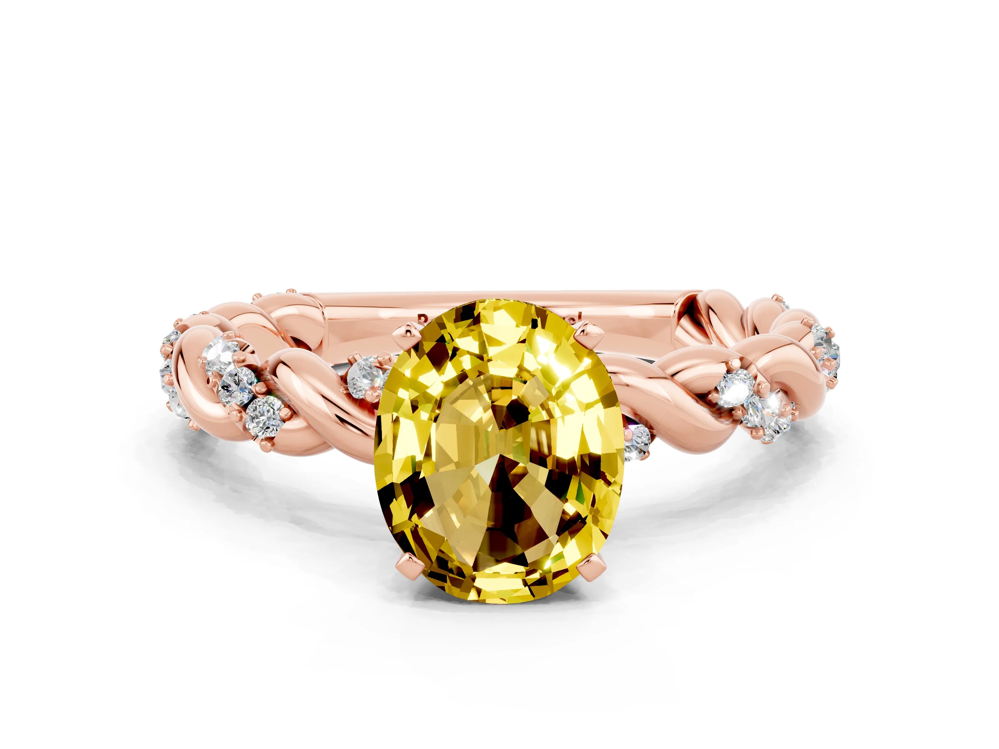 Rose gold Oval Cut Yellow Sapphire Solitaire Ring with Twisted Band and Pavé Accents