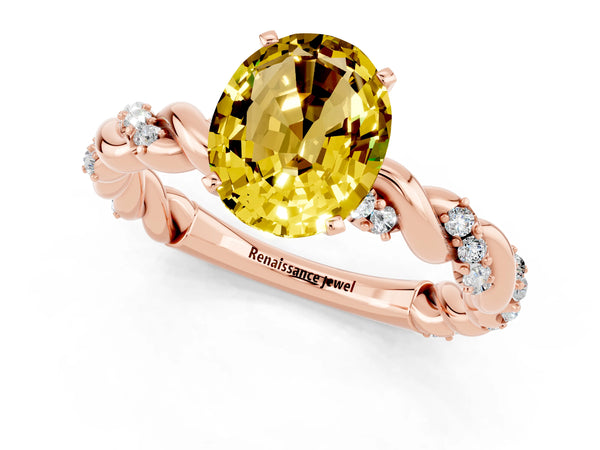 Rose gold Oval Cut Yellow Sapphire Solitaire Ring with Twisted Band and Pavé Accents