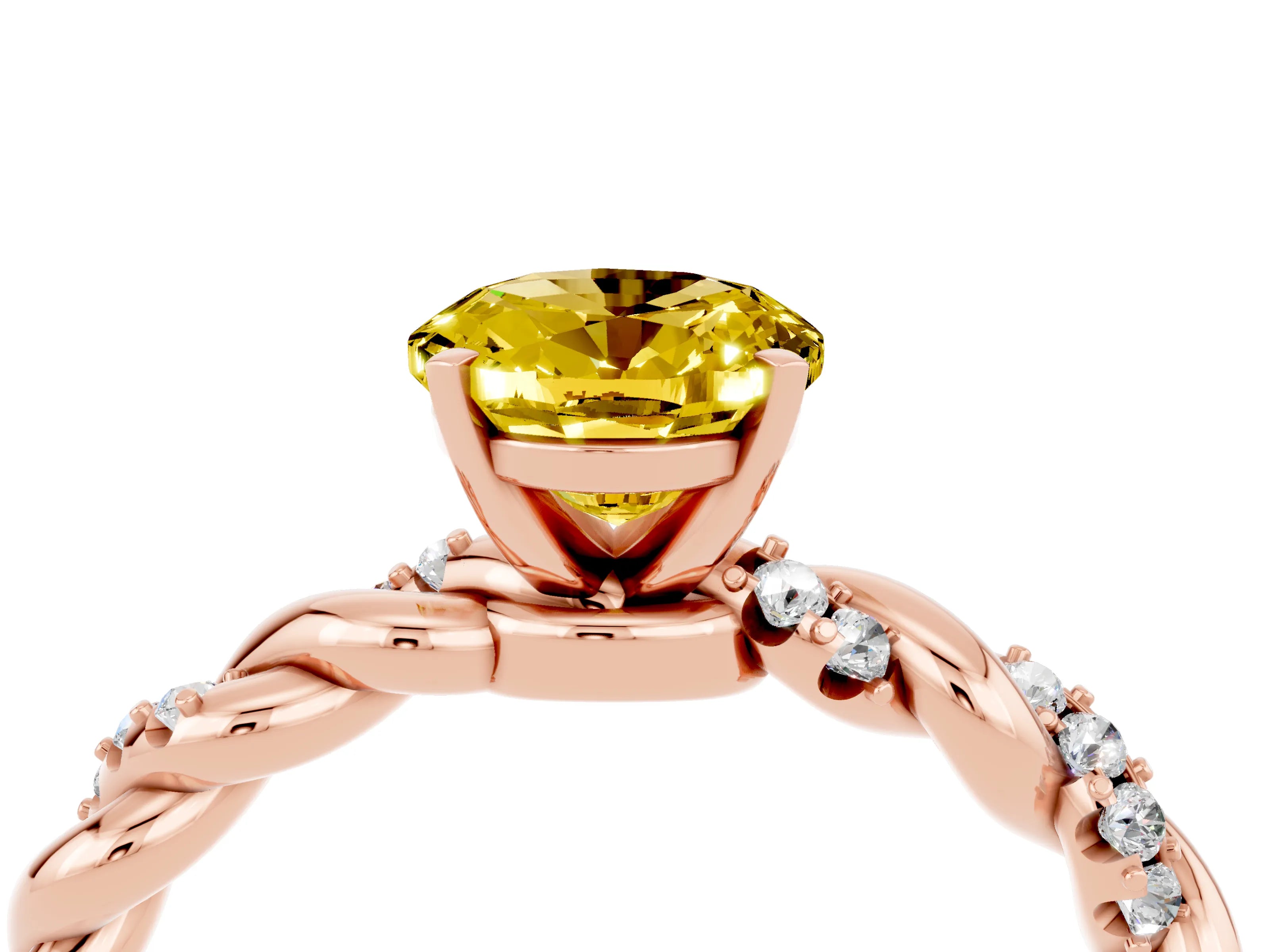 Rose gold Oval Cut Yellow Sapphire Solitaire Ring with Twisted Band and Pavé Accents_4
