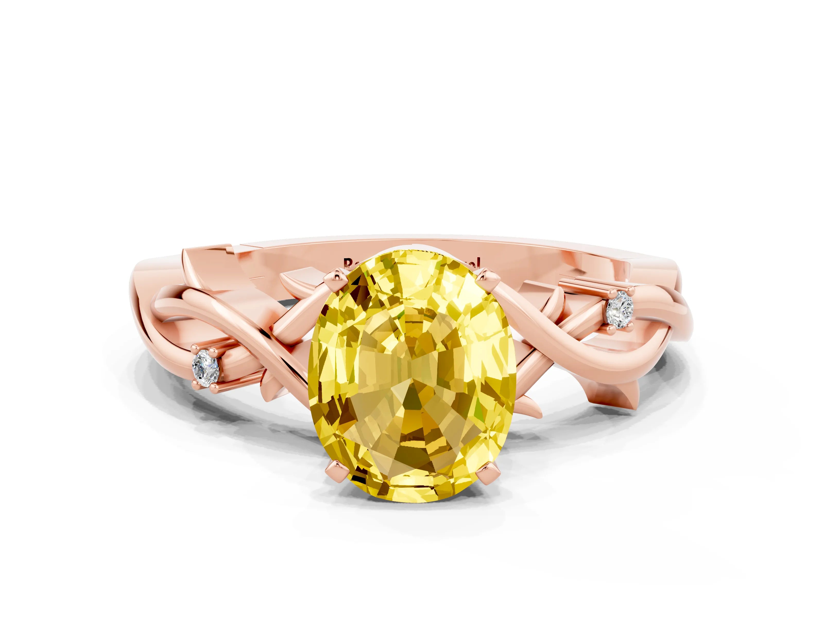 Rose gold Oval Cut Yellow Sapphire Solitaire Ring with Twisted Band and Prong Setting