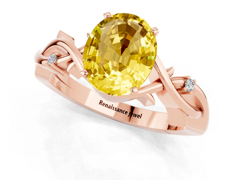 Rose gold Oval Cut Yellow Sapphire Solitaire Ring with Twisted Band and Prong Setting_1