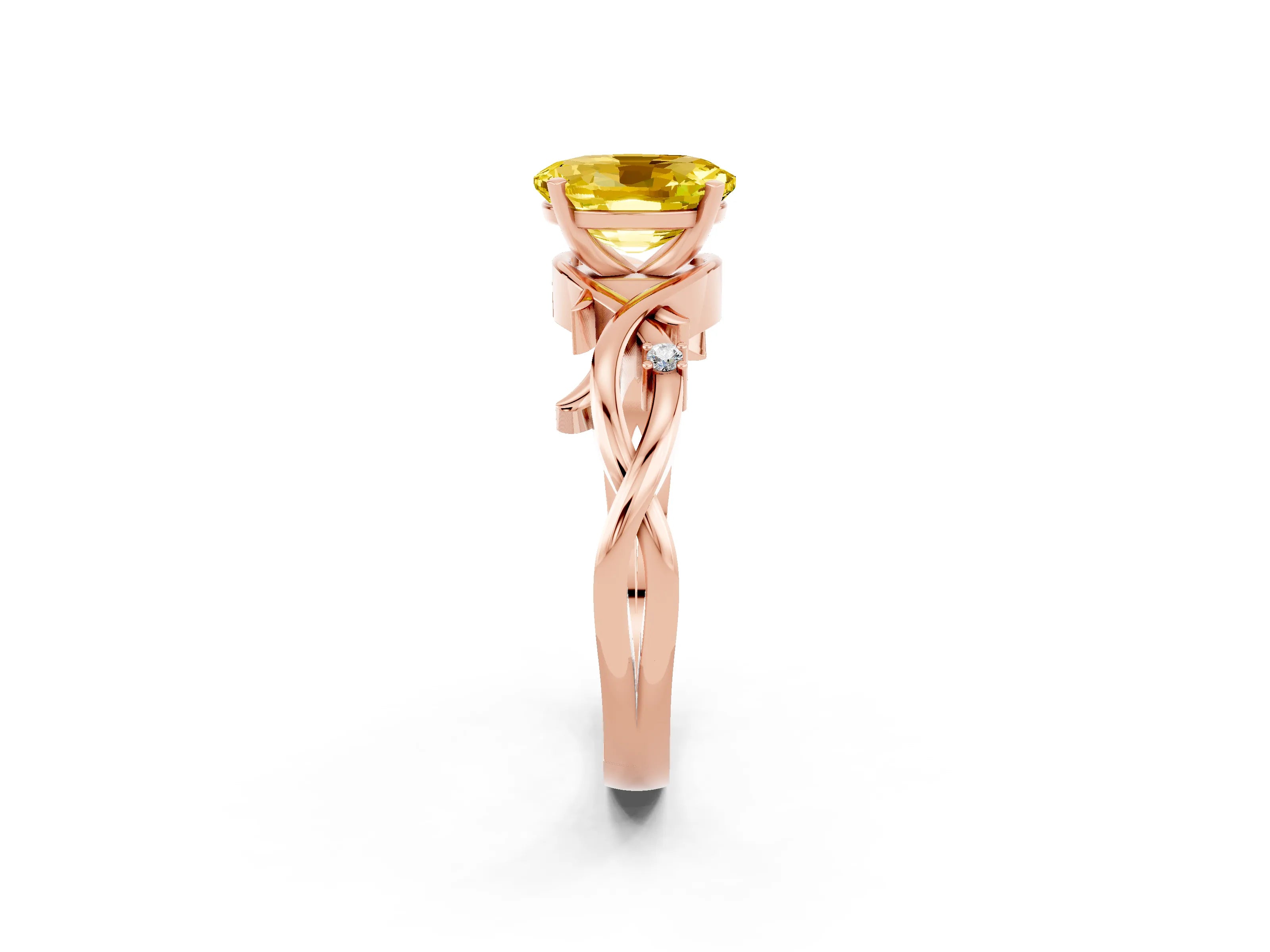 Rose gold Oval Cut Yellow Sapphire Solitaire Ring with Twisted Band and Prong Setting_2