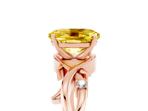 Rose gold Oval Cut Yellow Sapphire Solitaire Ring with Twisted Band and Prong Setting_5