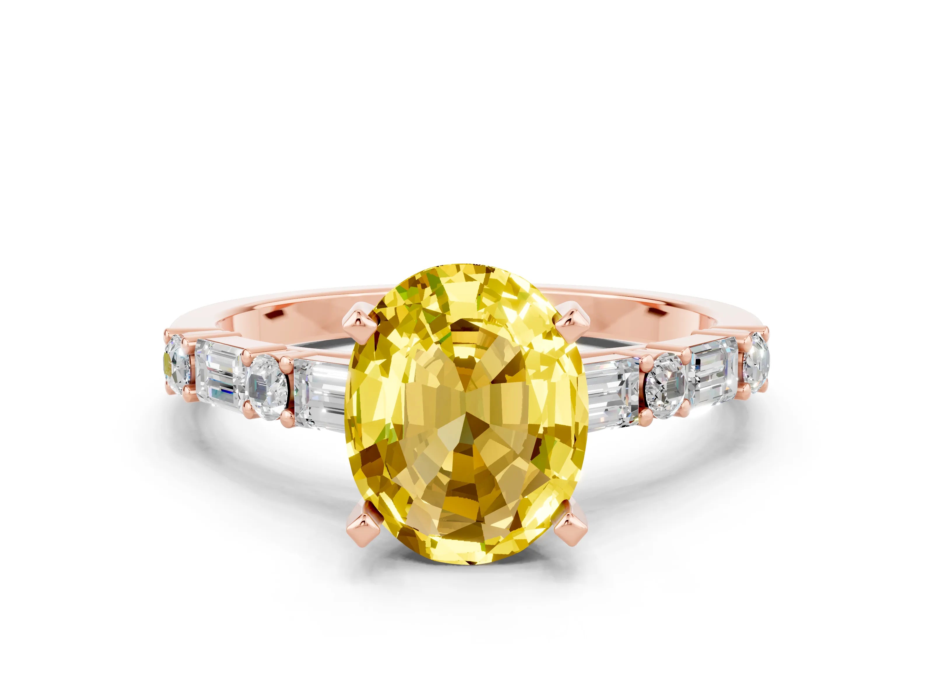 Rose gold Oval Cut Yellow Sapphire Solitaire with Side Baguettes and Channel Set Band_24