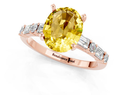 Rose gold Oval Cut Yellow Sapphire Solitaire with Side Baguettes and Channel Set Band_25