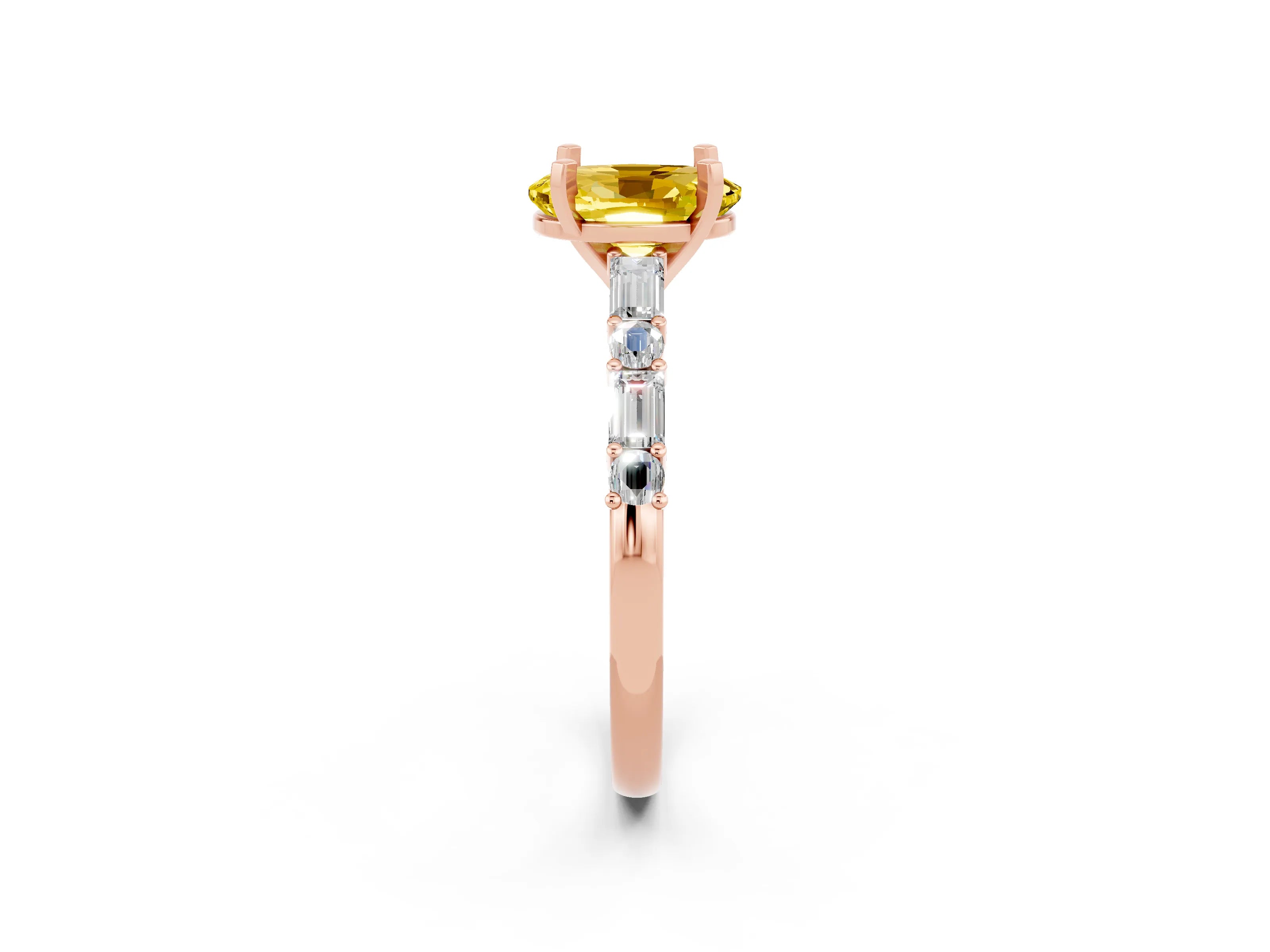 Rose gold Oval Cut Yellow Sapphire Solitaire with Side Baguettes and Channel Set Band_26