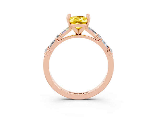 Rose gold Oval Cut Yellow Sapphire Solitaire with Side Baguettes and Channel Set Band