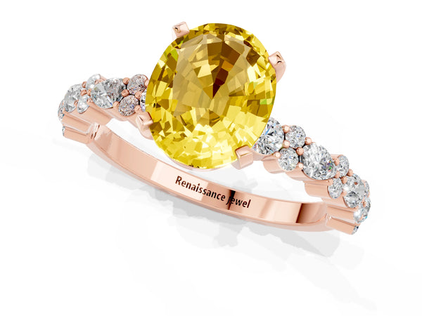 Rose gold Oval Cut Yellow Sapphire Side Stone Solitaire Ring with Round  and Four-Prong Setting