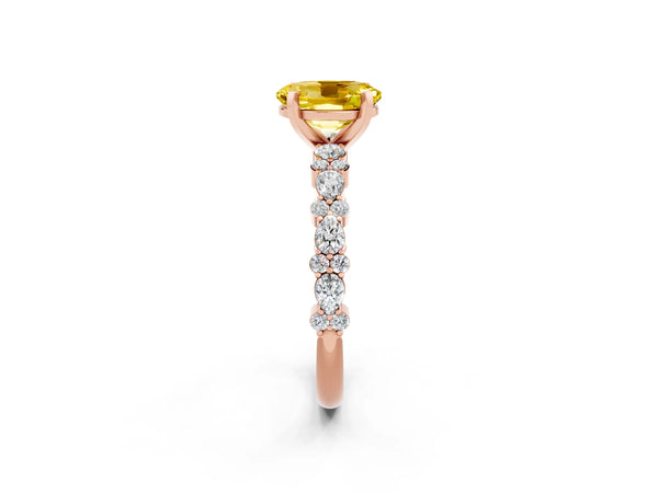 Rose gold Oval Cut Yellow Sapphire Side Stone Solitaire Ring with Round  and Four-Prong Setting