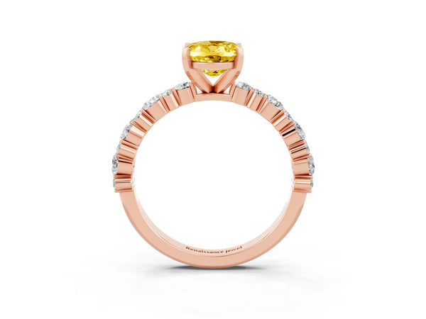 Rose gold Oval Cut Yellow Sapphire Side Stone Solitaire Ring with Round  and Four-Prong Setting