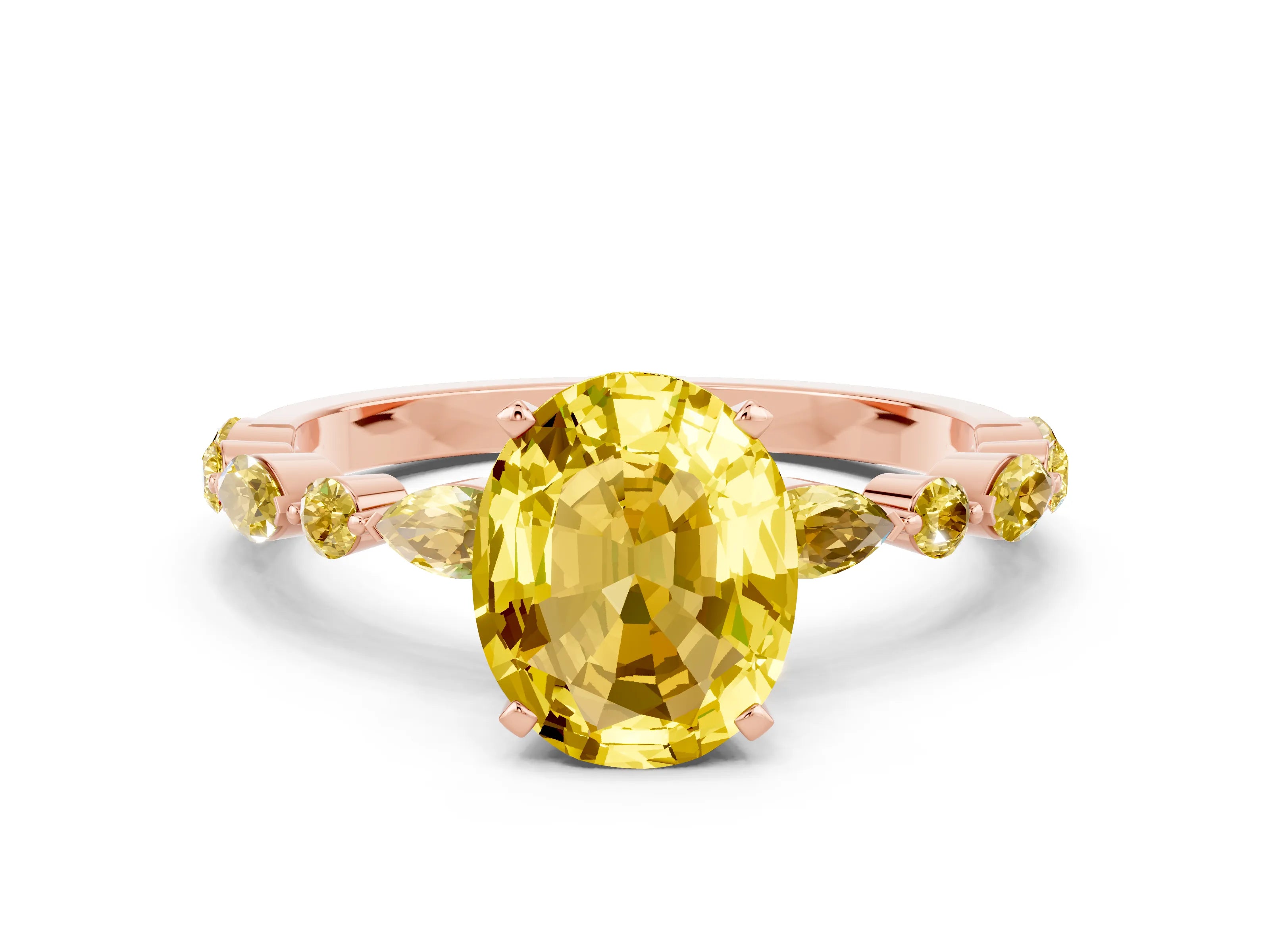 Rose gold Oval Cut Yellow Sapphire Solitaire with Side Stones on a Pavé Band and Four-Prong Setting