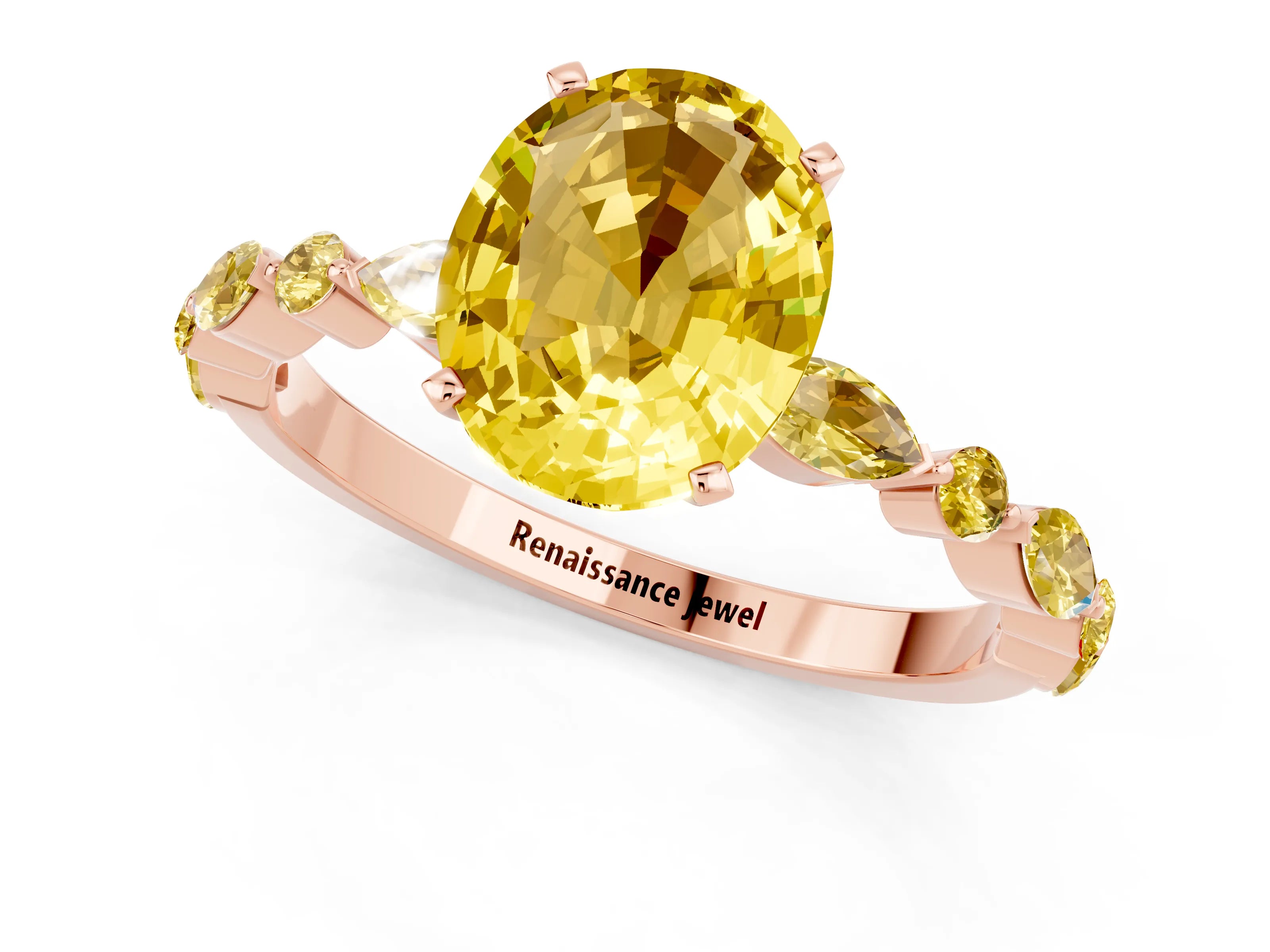 Rose gold Oval Cut Yellow Sapphire Solitaire with Side Stones on a Pavé Band and Four-Prong Setting_1