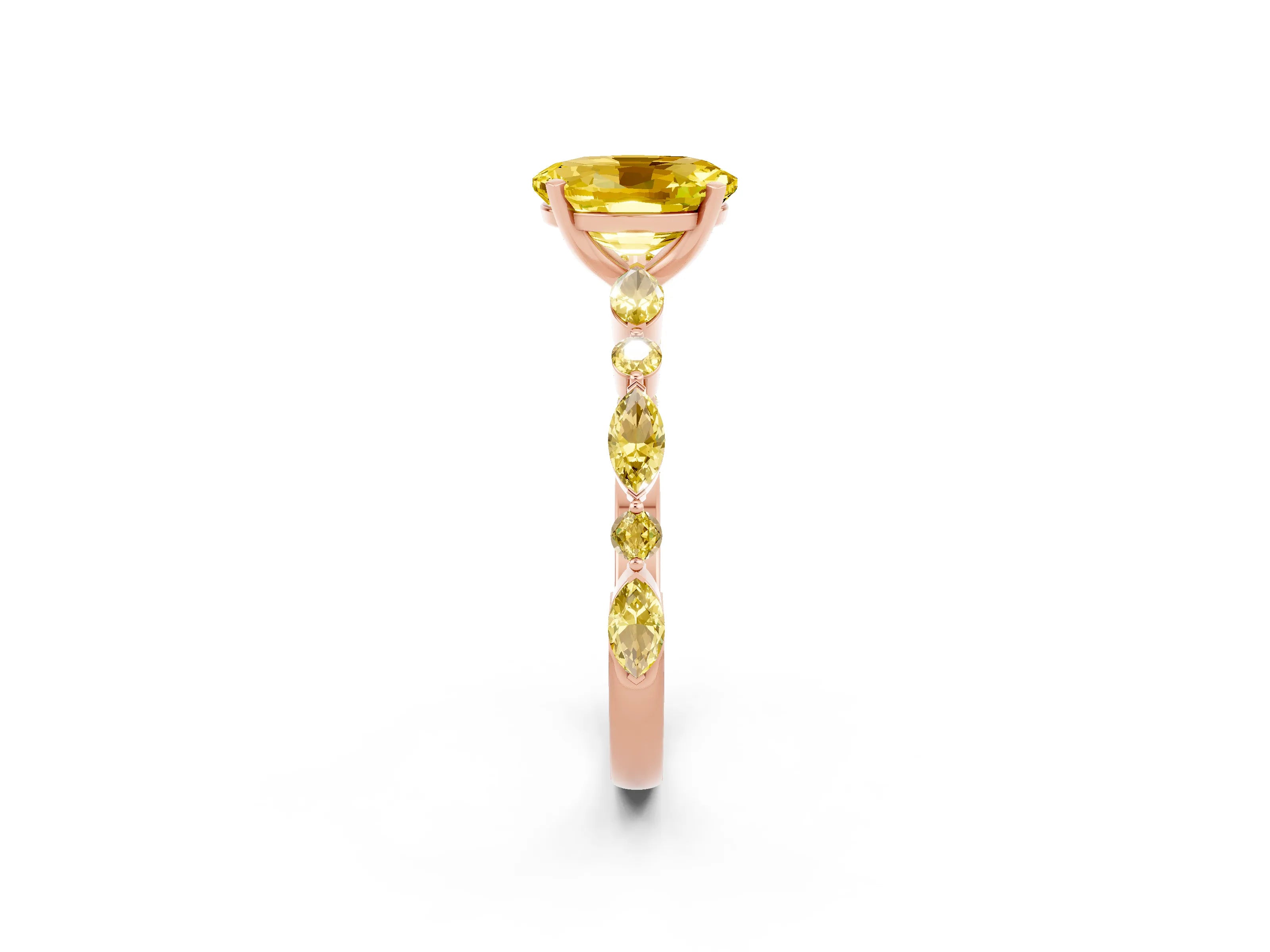 Rose gold Oval Cut Yellow Sapphire Solitaire with Side Stones on a Pavé Band and Four-Prong Setting_2