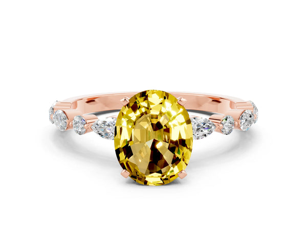 Rose gold Oval Cut Yellow Sapphire Ring with Marquise and Round  Side Stones and Four-Prong Setting
