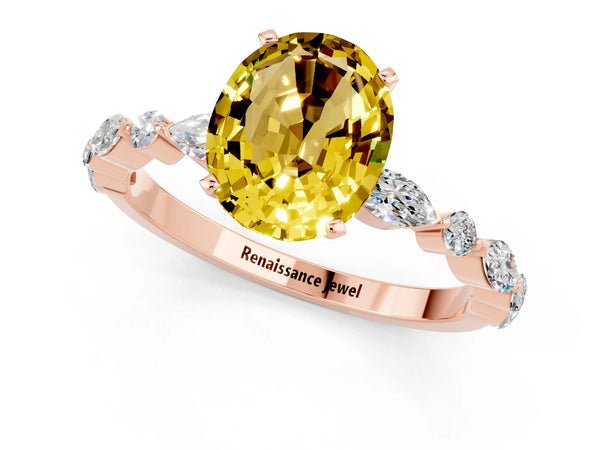 Rose gold Oval Cut Yellow Sapphire Ring with Marquise and Round  Side Stones and Four-Prong Setting