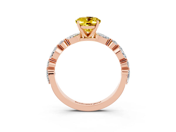 Rose gold Oval Cut Yellow Sapphire Ring with Marquise and Round  Side Stones and Four-Prong Setting