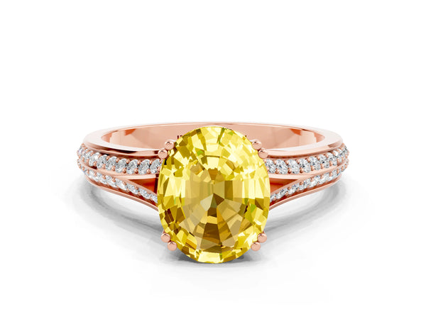 Rose gold Oval Cut Yellow Sapphire Split Shank Engagement Ring with Pavé Band