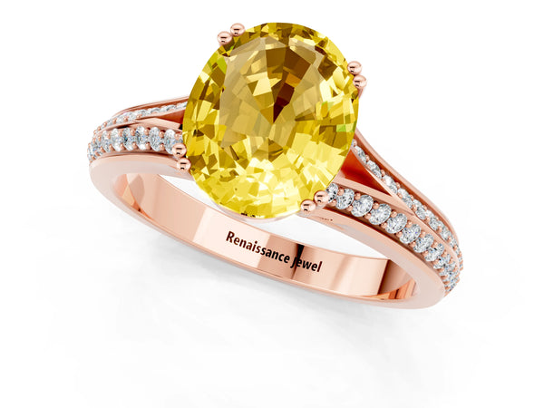 Rose gold Oval Cut Yellow Sapphire Split Shank Engagement Ring with Pavé Band