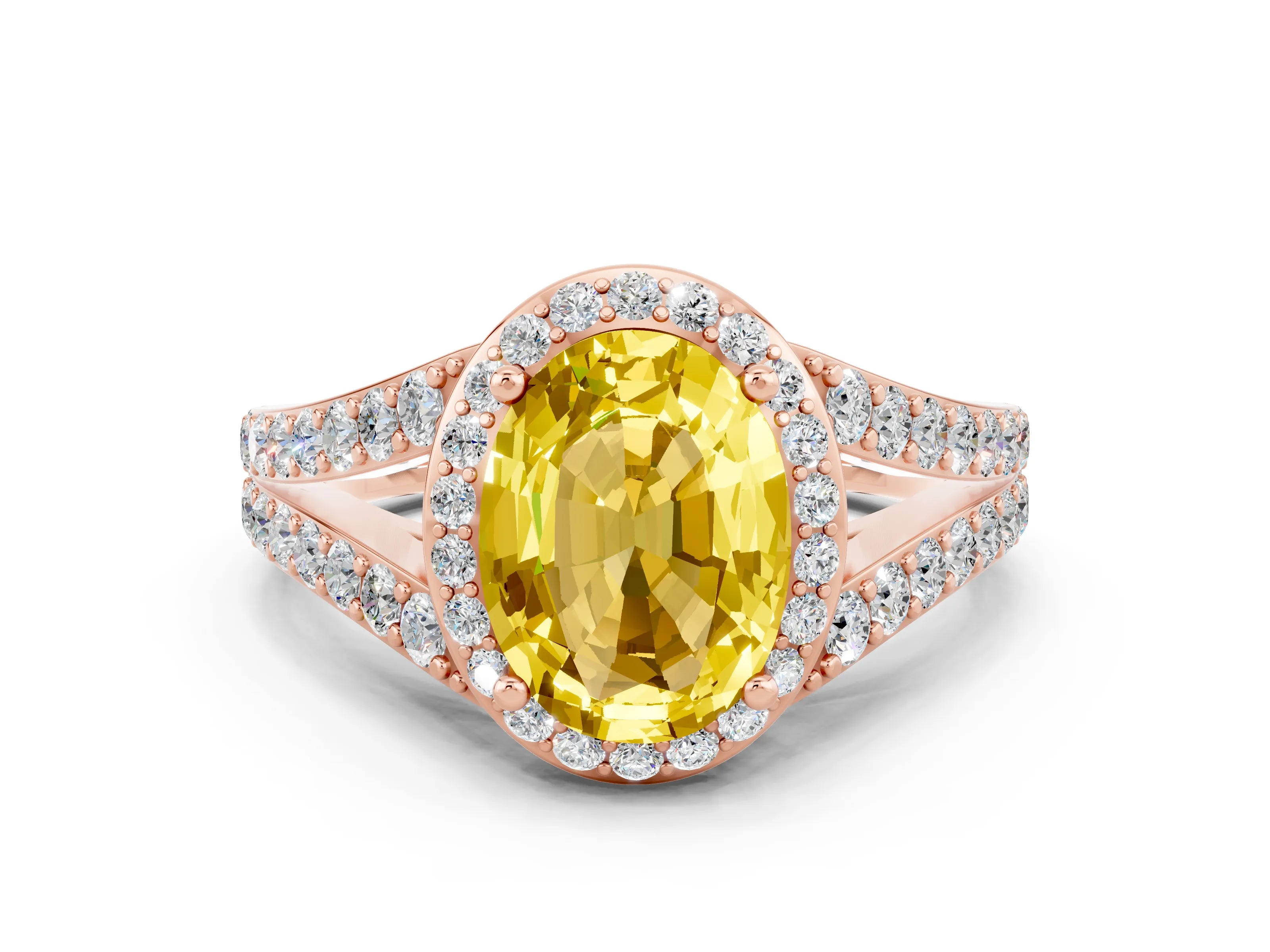 Rose gold Oval Cut Yellow Sapphire Split Shank Halo Ring with Four-Prong Setting_12