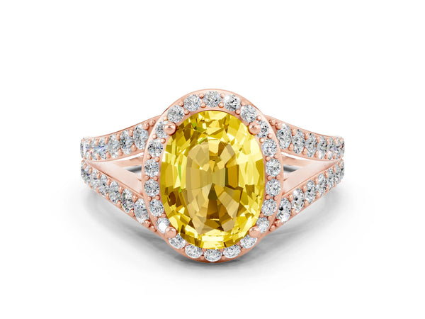 Rose gold Oval Cut Yellow Sapphire Split Shank Halo Ring with Four-Prong Setting