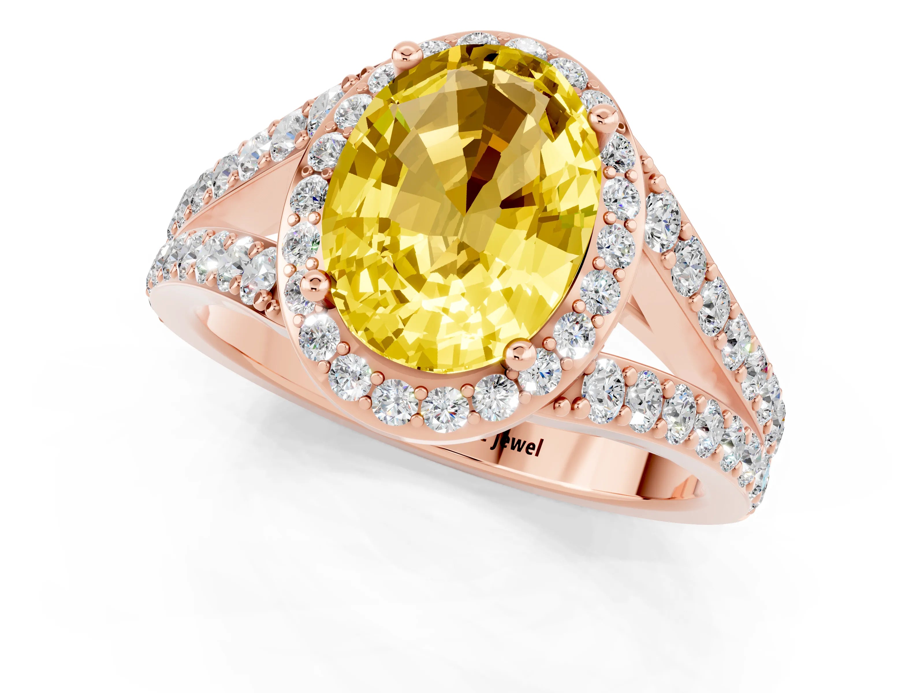 Rose gold Oval Cut Yellow Sapphire Split Shank Halo Ring with Four-Prong Setting_13