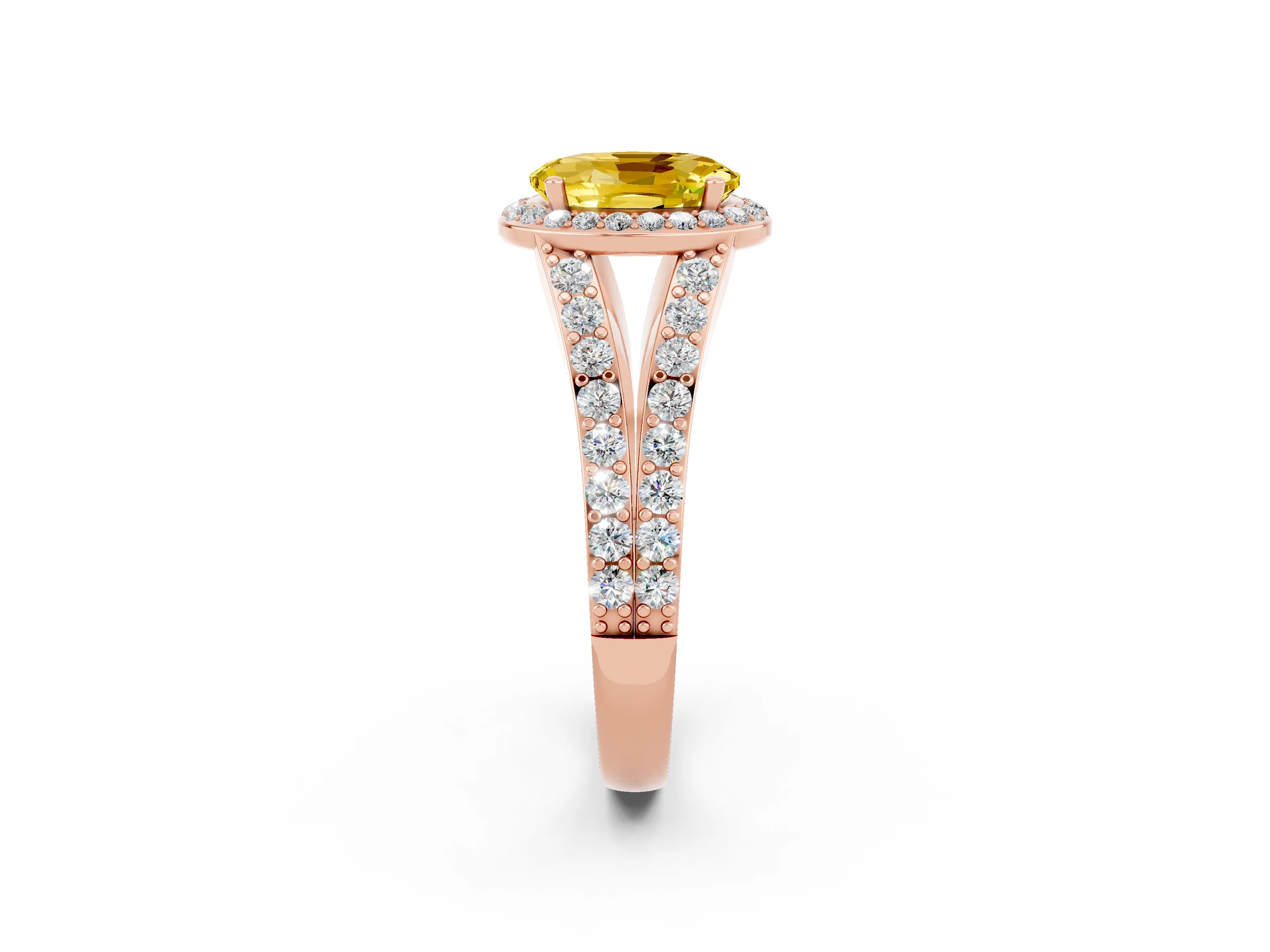 Rose gold Oval Cut Yellow Sapphire Split Shank Halo Ring with Four-Prong Setting_14