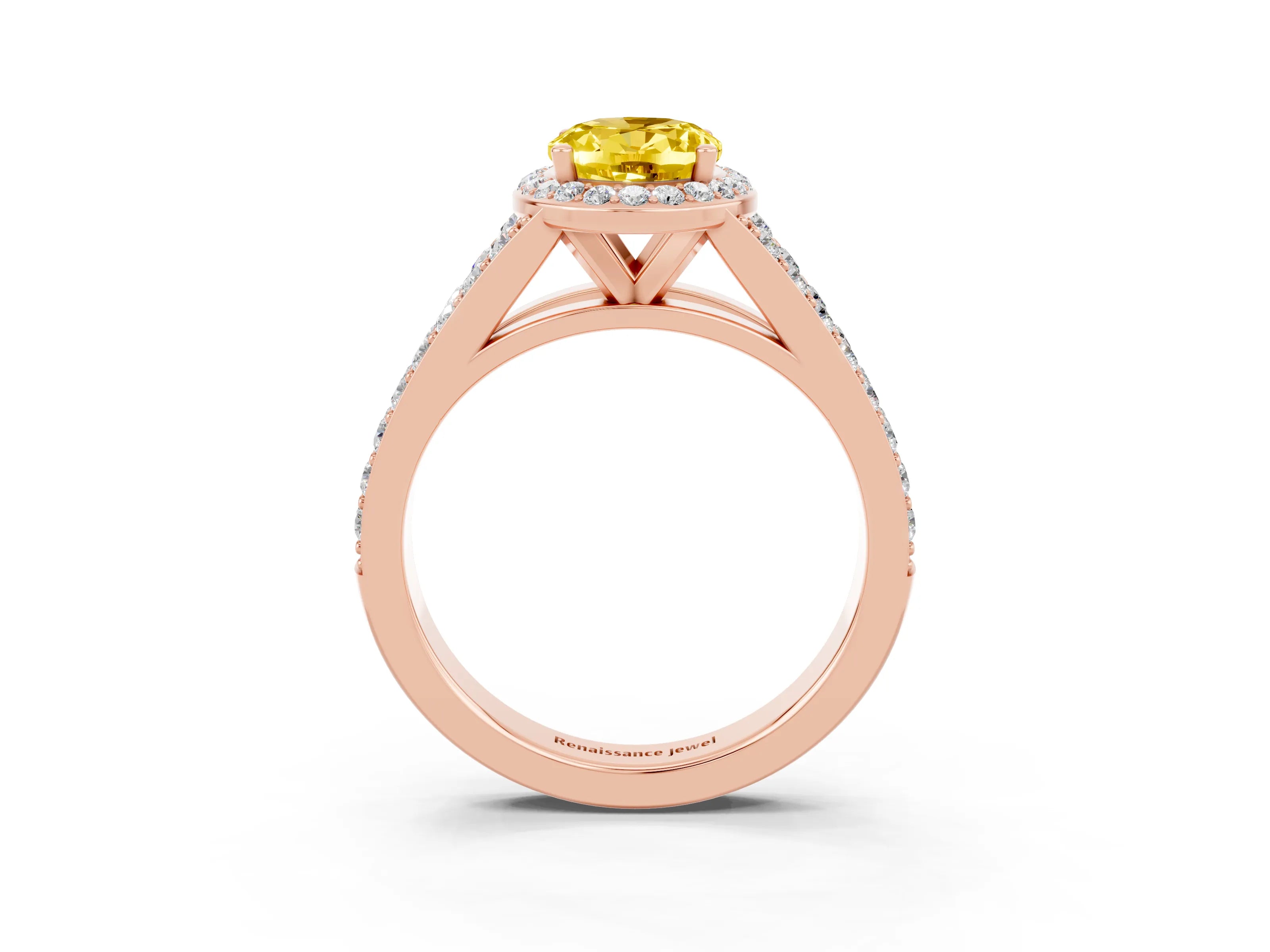 Rose gold Oval Cut Yellow Sapphire Split Shank Halo Ring with Four-Prong Setting_15