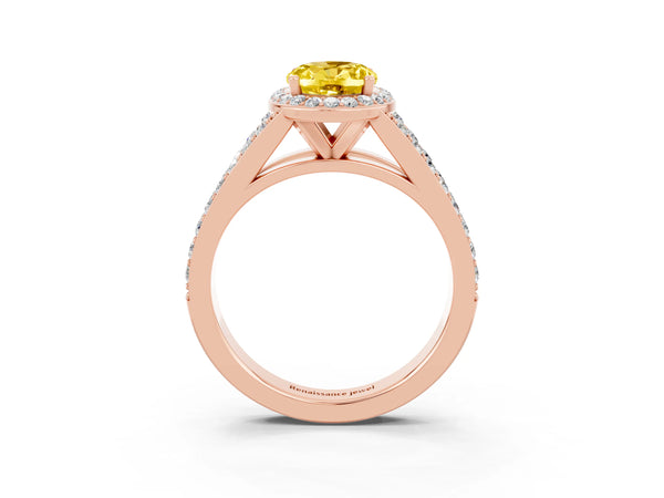Rose gold Oval Cut Yellow Sapphire Split Shank Halo Ring with Four-Prong Setting