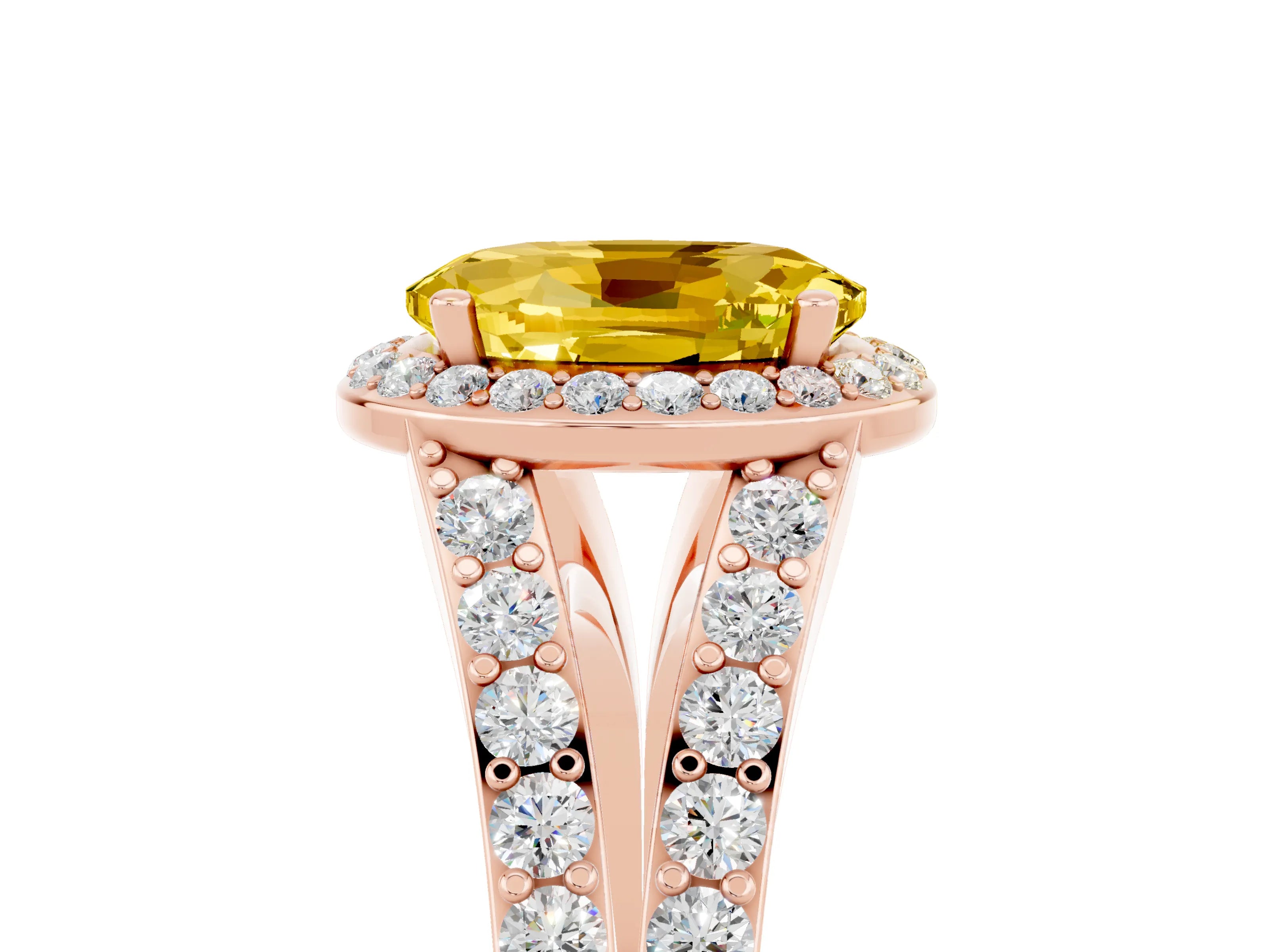 Rose gold Oval Cut Yellow Sapphire Split Shank Halo Ring with Four-Prong Setting_17