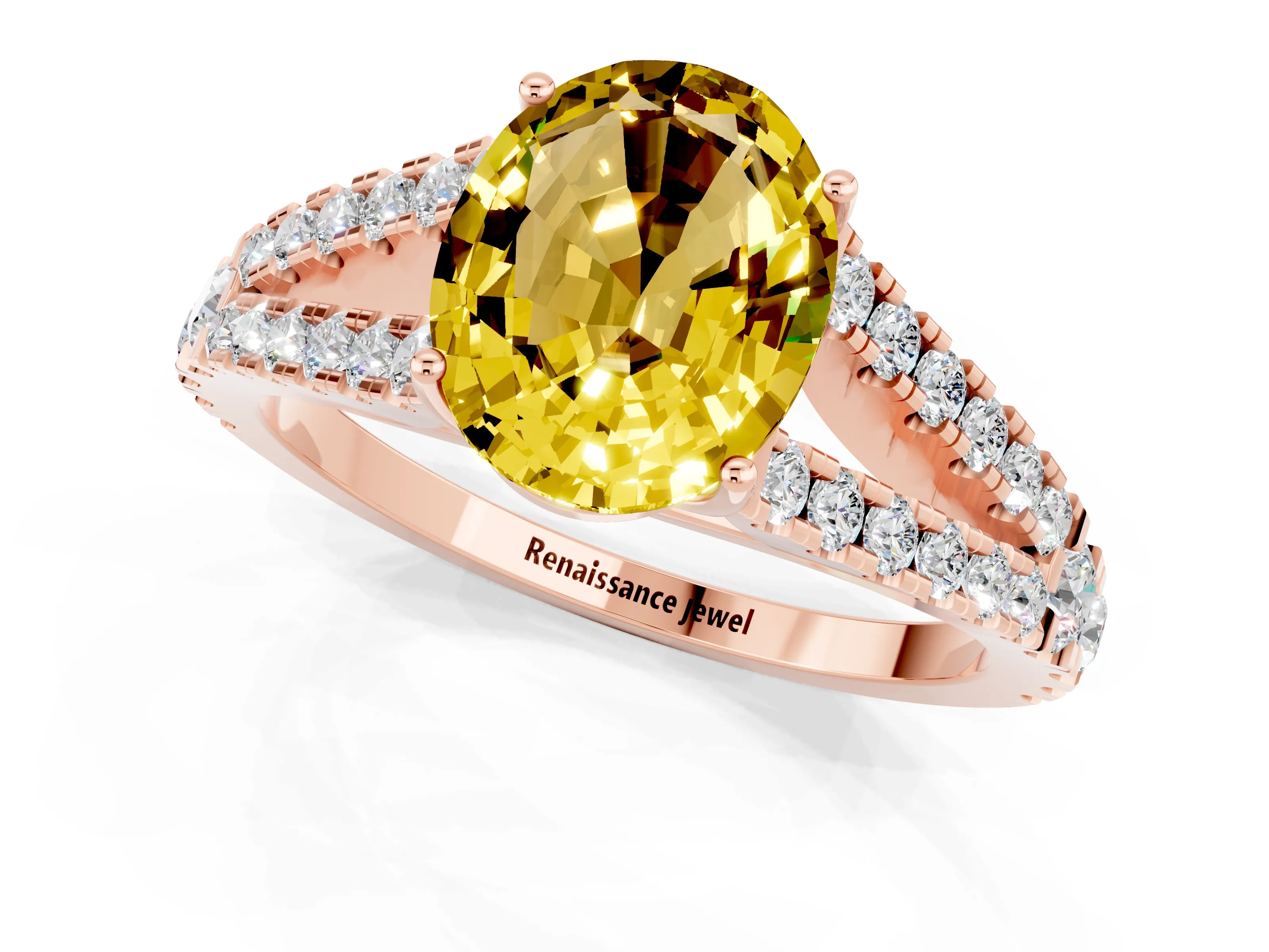Rose gold Oval Cut Yellow Sapphire Split Shank Pavé Engagement Ring with Four-Prong Setting_13