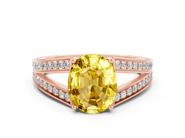Rose gold Oval Cut Yellow Sapphire Split Shank Ring with Pavé Band and Four-Prong Setting