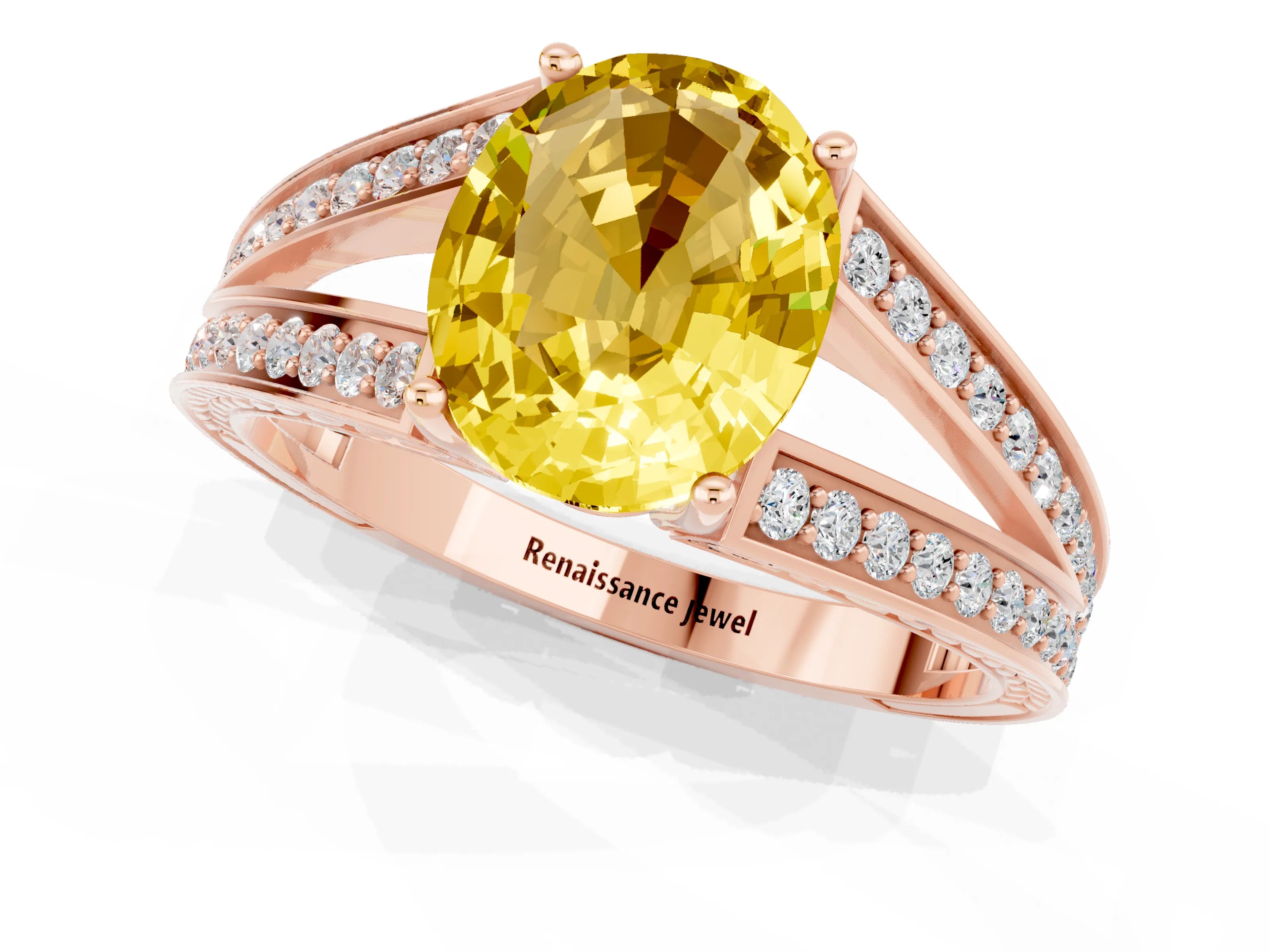 Rose gold Oval Cut Yellow Sapphire Split Shank Ring with Pavé Band and Four-Prong Setting_1