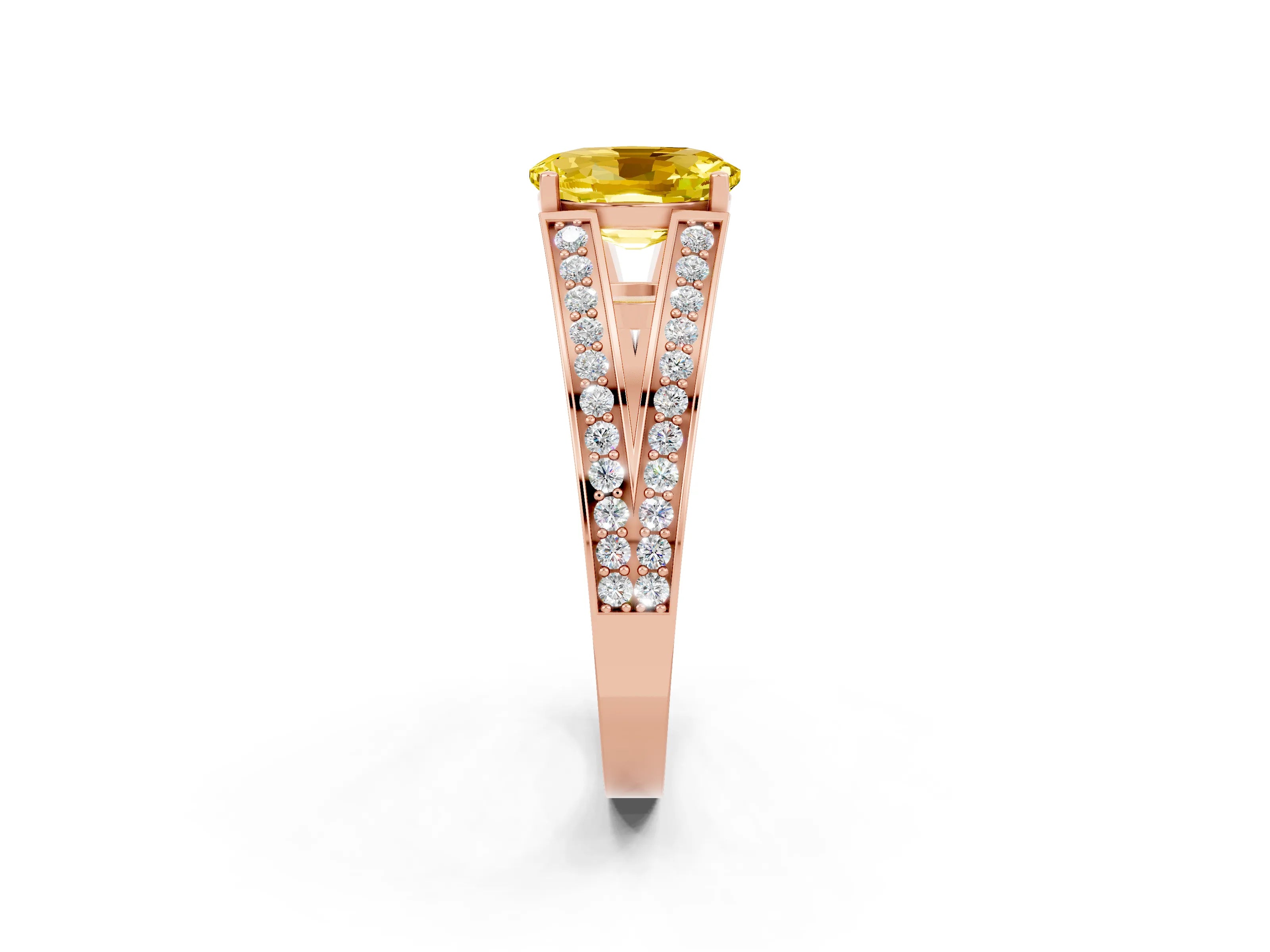 Rose gold Oval Cut Yellow Sapphire Split Shank Ring with Pavé Band and Four-Prong Setting_2